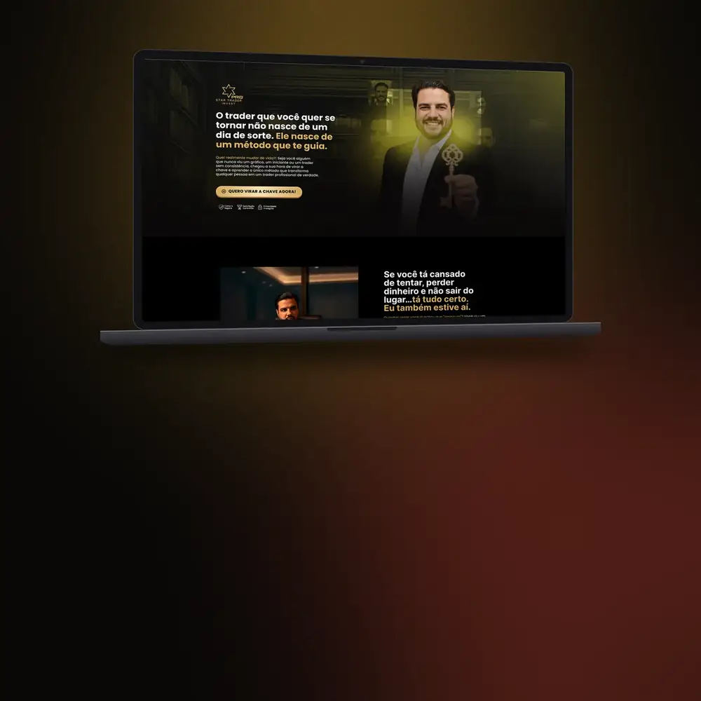 Mockup da landing page da Star Trader Invest em um notebook, criada por Alan Rocha