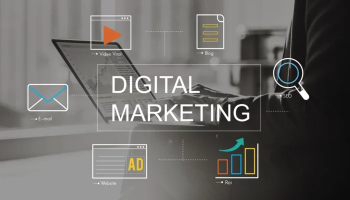 marketing digital representado por elementos visuais, dados e estratégias aplicadas a negócios online