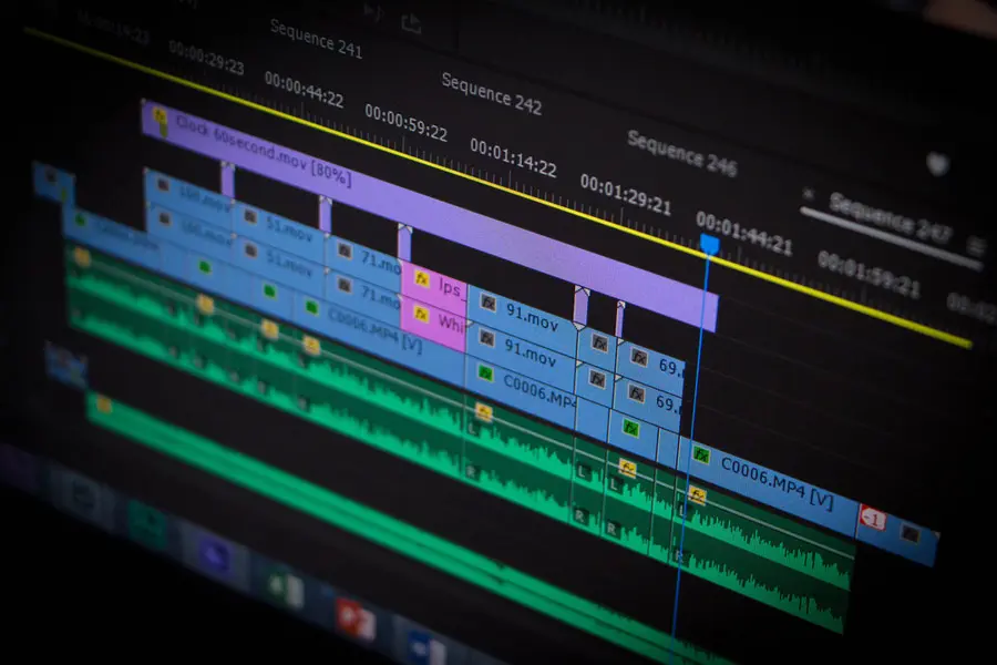 Videos de alta retencao sendo editados em uma timeline profissional de software de video
